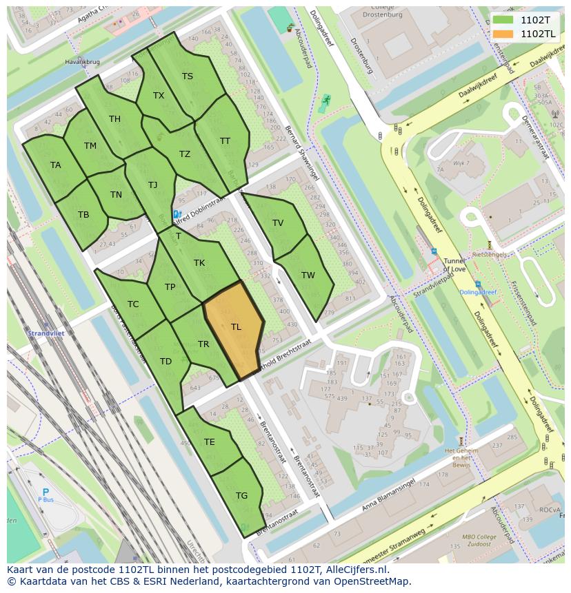 Afbeelding van het postcodegebied 1102 TL op de kaart.
