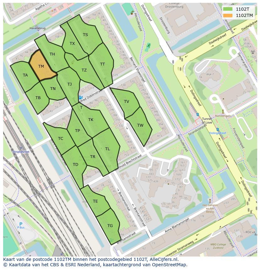 Afbeelding van het postcodegebied 1102 TM op de kaart.