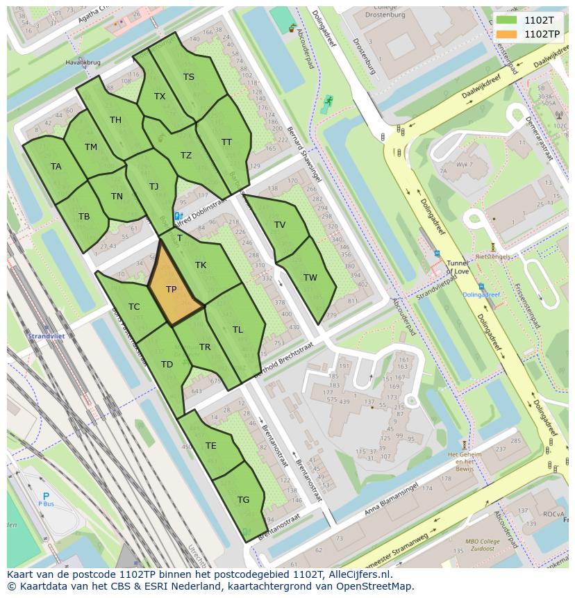 Afbeelding van het postcodegebied 1102 TP op de kaart.