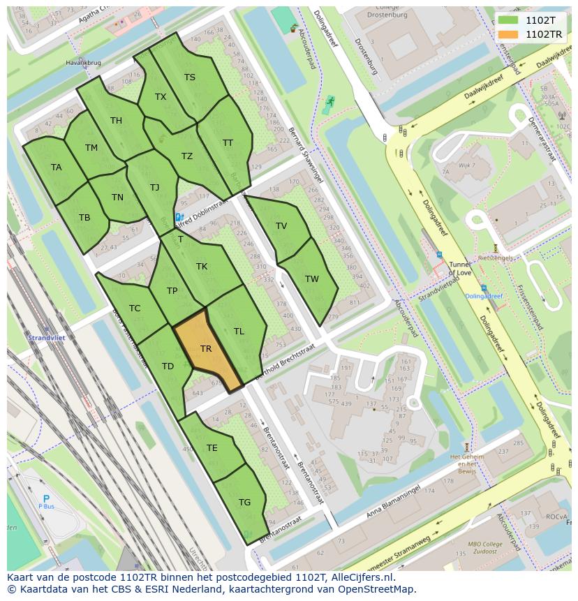 Afbeelding van het postcodegebied 1102 TR op de kaart.