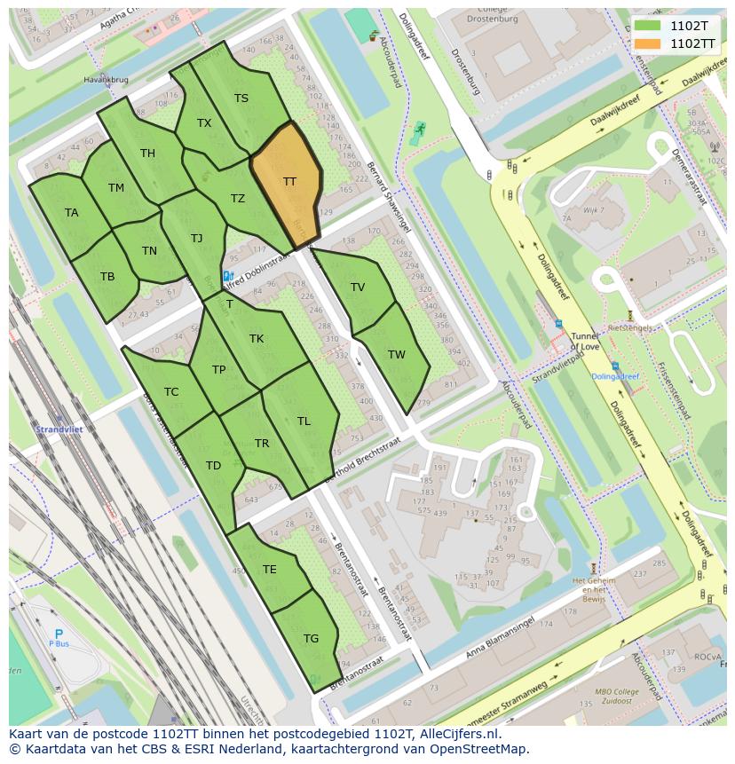 Afbeelding van het postcodegebied 1102 TT op de kaart.