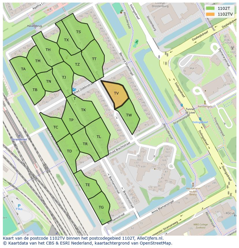 Afbeelding van het postcodegebied 1102 TV op de kaart.