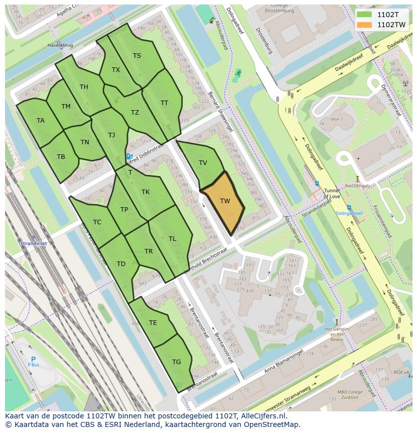 Afbeelding van het postcodegebied 1102 TW op de kaart.