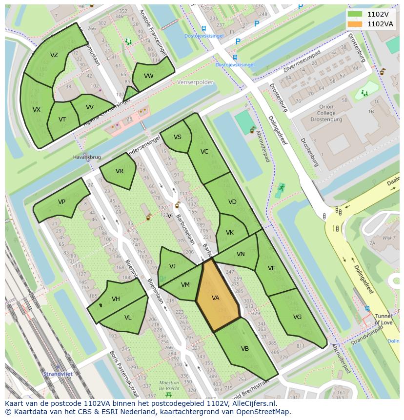 Afbeelding van het postcodegebied 1102 VA op de kaart.