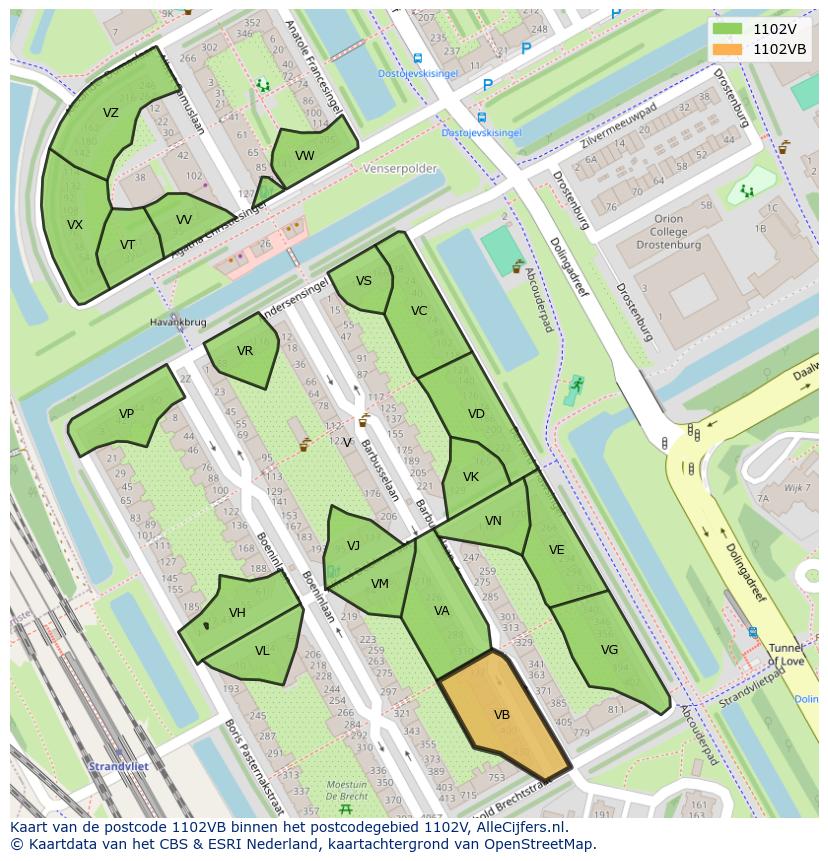 Afbeelding van het postcodegebied 1102 VB op de kaart.