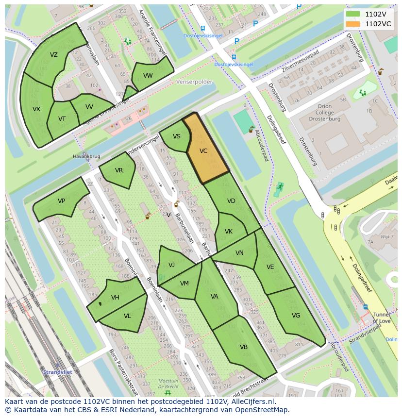 Afbeelding van het postcodegebied 1102 VC op de kaart.