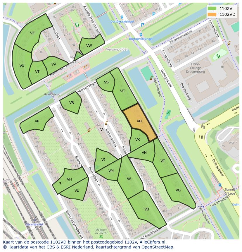 Afbeelding van het postcodegebied 1102 VD op de kaart.