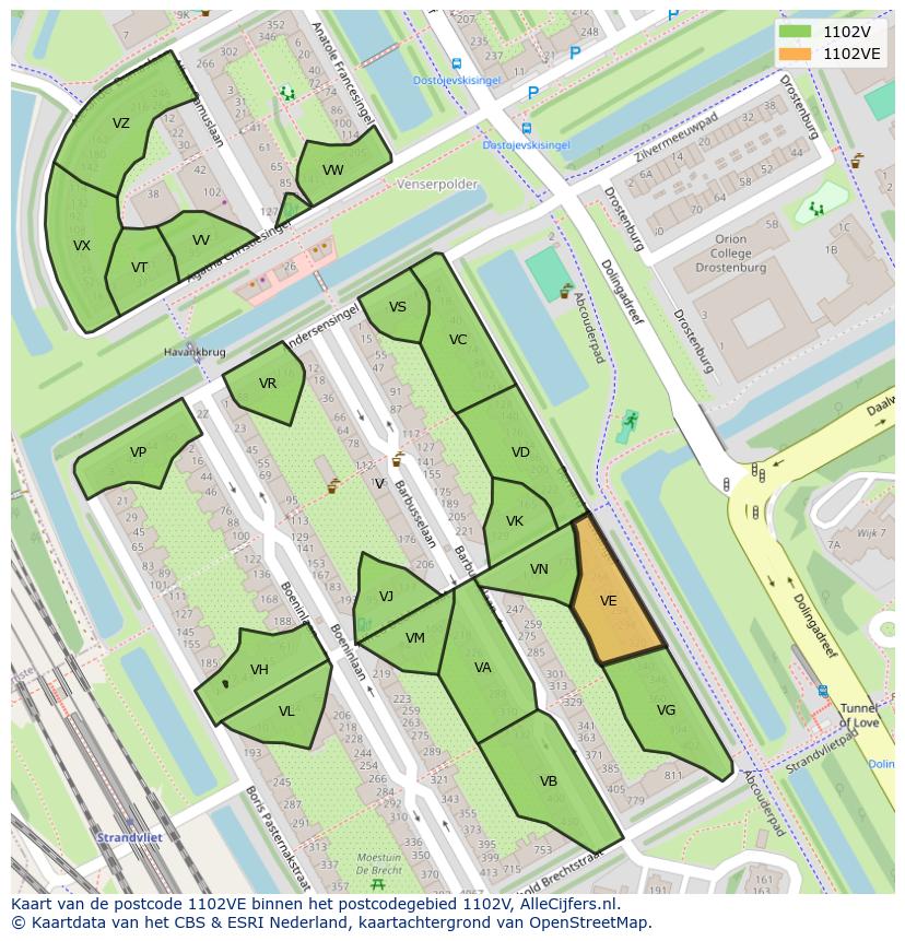 Afbeelding van het postcodegebied 1102 VE op de kaart.