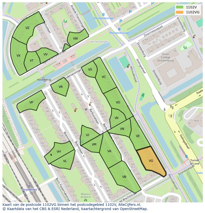 Afbeelding van het postcodegebied 1102 VG op de kaart.