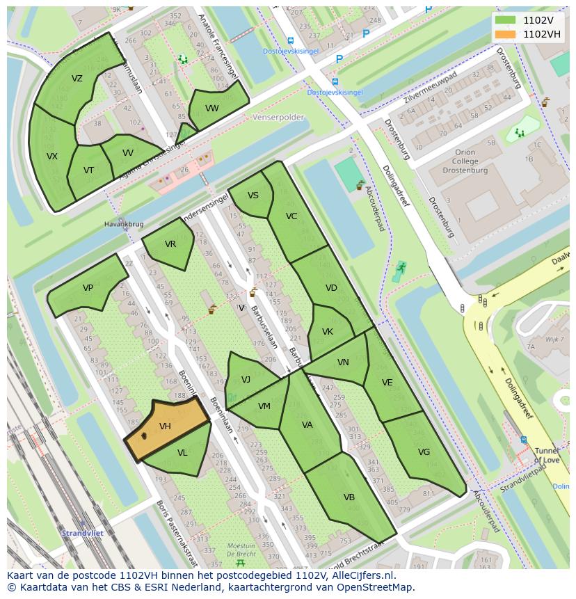 Afbeelding van het postcodegebied 1102 VH op de kaart.