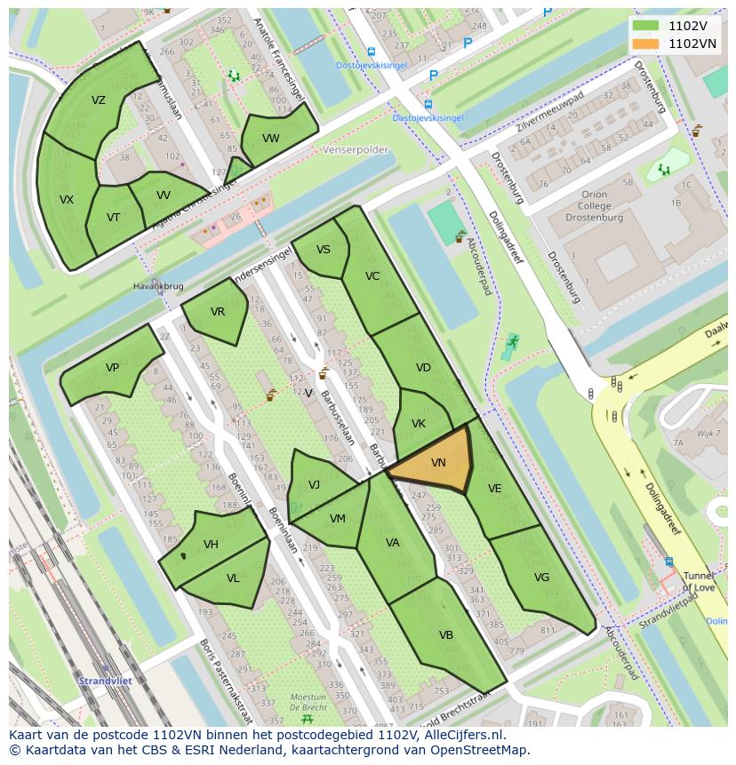 Afbeelding van het postcodegebied 1102 VN op de kaart.