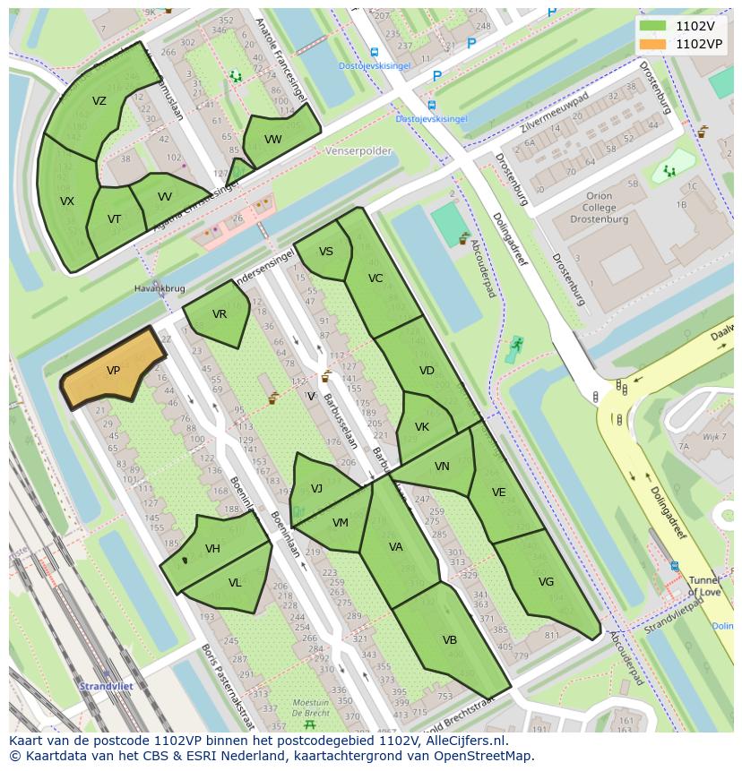 Afbeelding van het postcodegebied 1102 VP op de kaart.