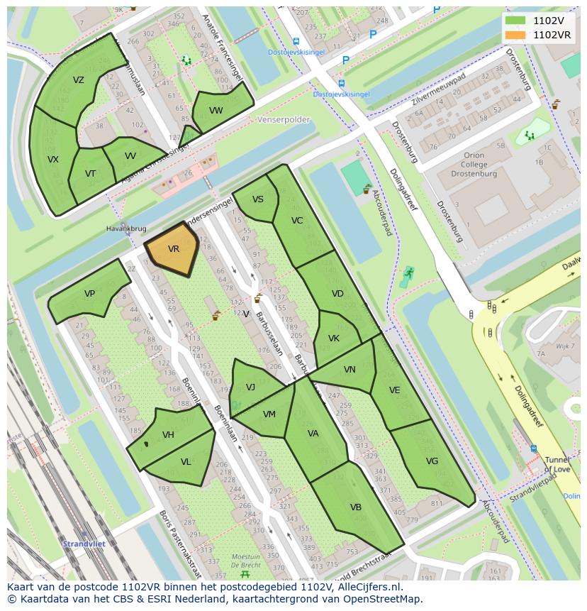 Afbeelding van het postcodegebied 1102 VR op de kaart.