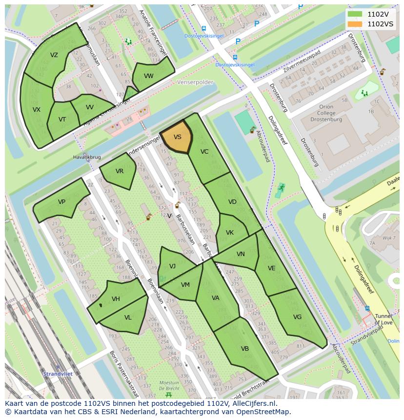 Afbeelding van het postcodegebied 1102 VS op de kaart.