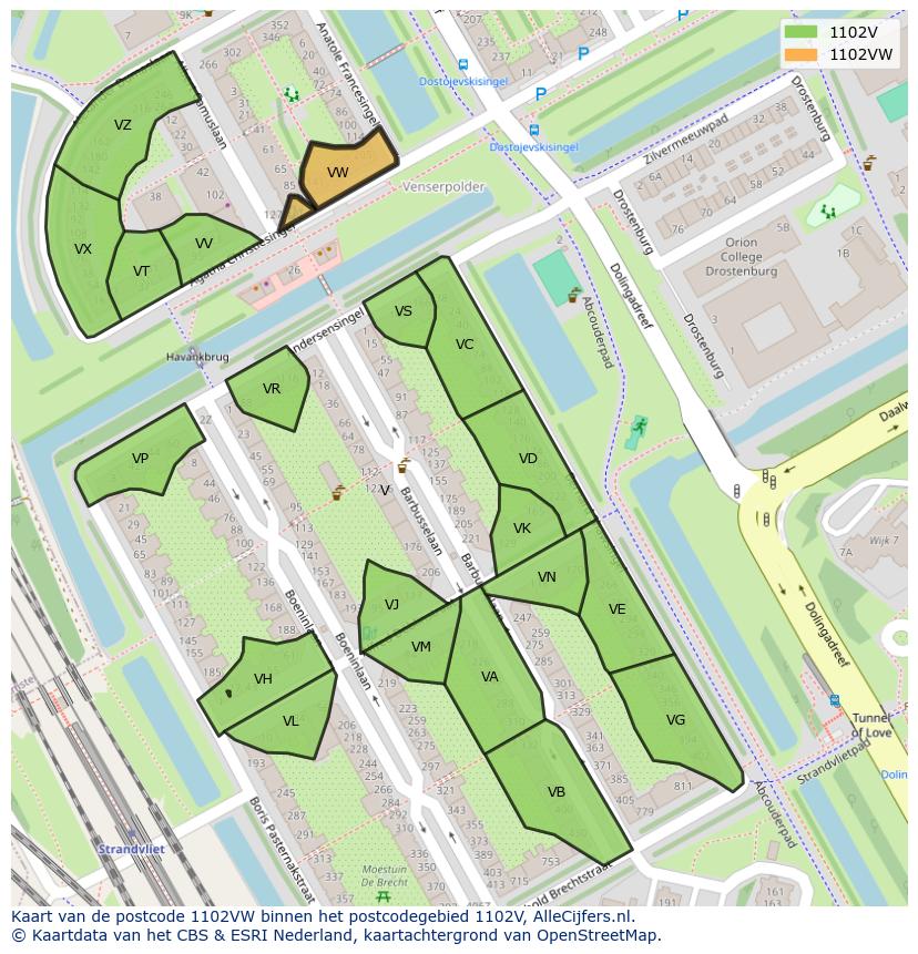 Afbeelding van het postcodegebied 1102 VW op de kaart.