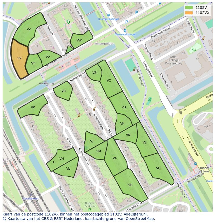 Afbeelding van het postcodegebied 1102 VX op de kaart.
