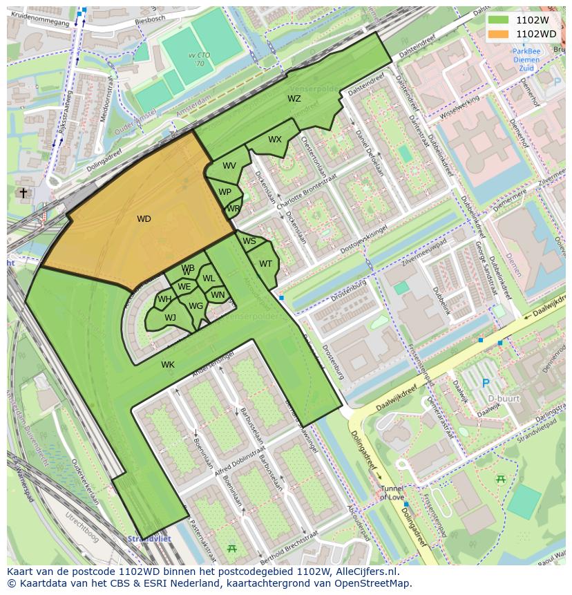 Afbeelding van het postcodegebied 1102 WD op de kaart.
