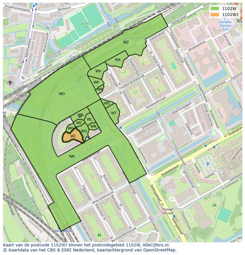Afbeelding van het postcodegebied 1102 WJ op de kaart.