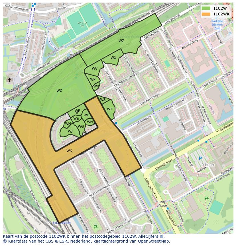 Afbeelding van het postcodegebied 1102 WK op de kaart.
