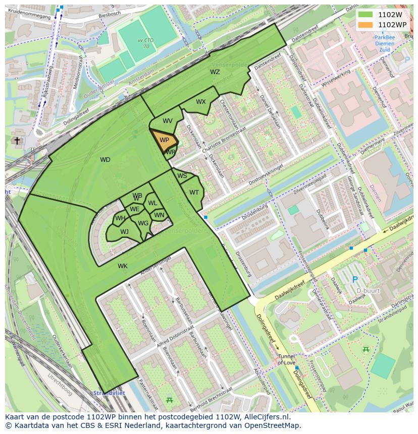 Afbeelding van het postcodegebied 1102 WP op de kaart.