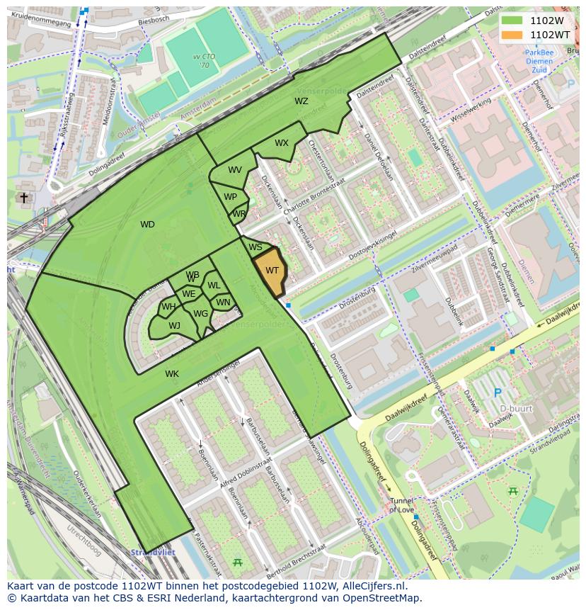 Afbeelding van het postcodegebied 1102 WT op de kaart.