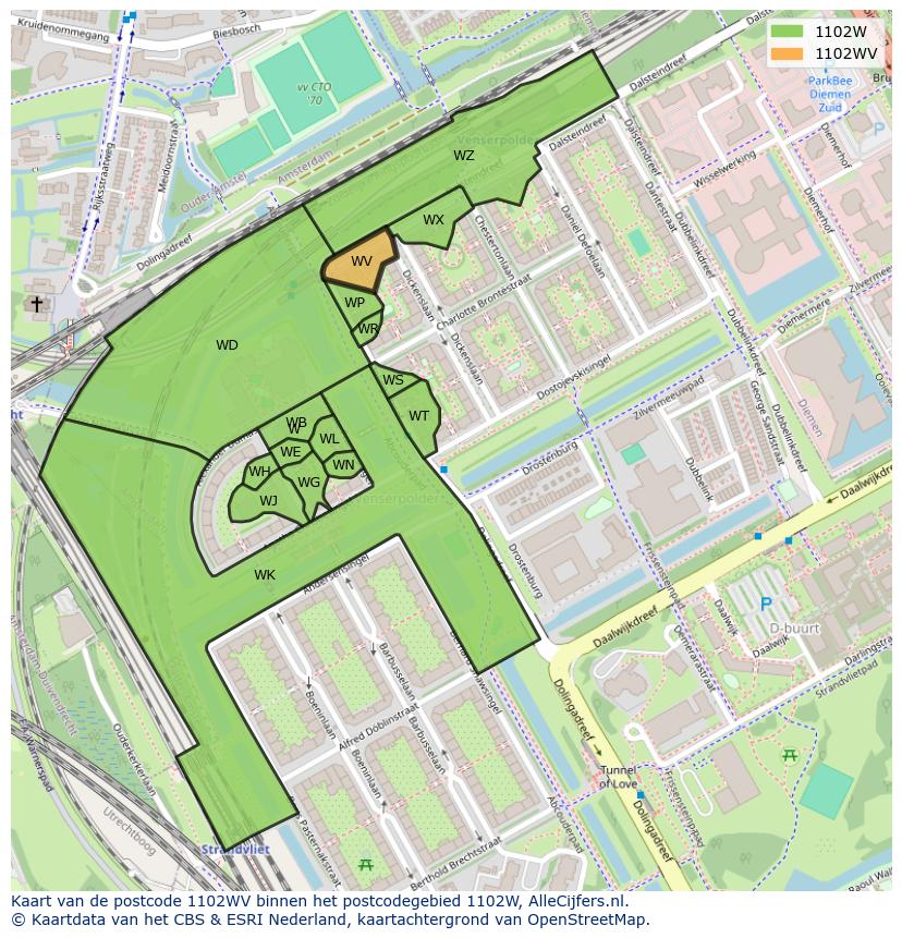 Afbeelding van het postcodegebied 1102 WV op de kaart.