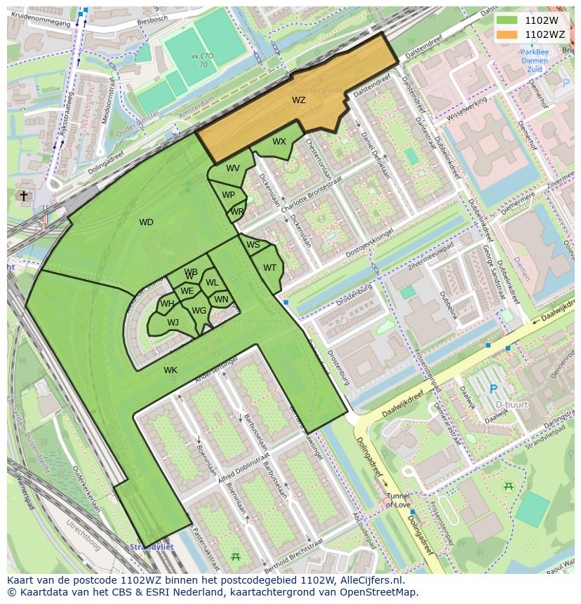 Afbeelding van het postcodegebied 1102 WZ op de kaart.