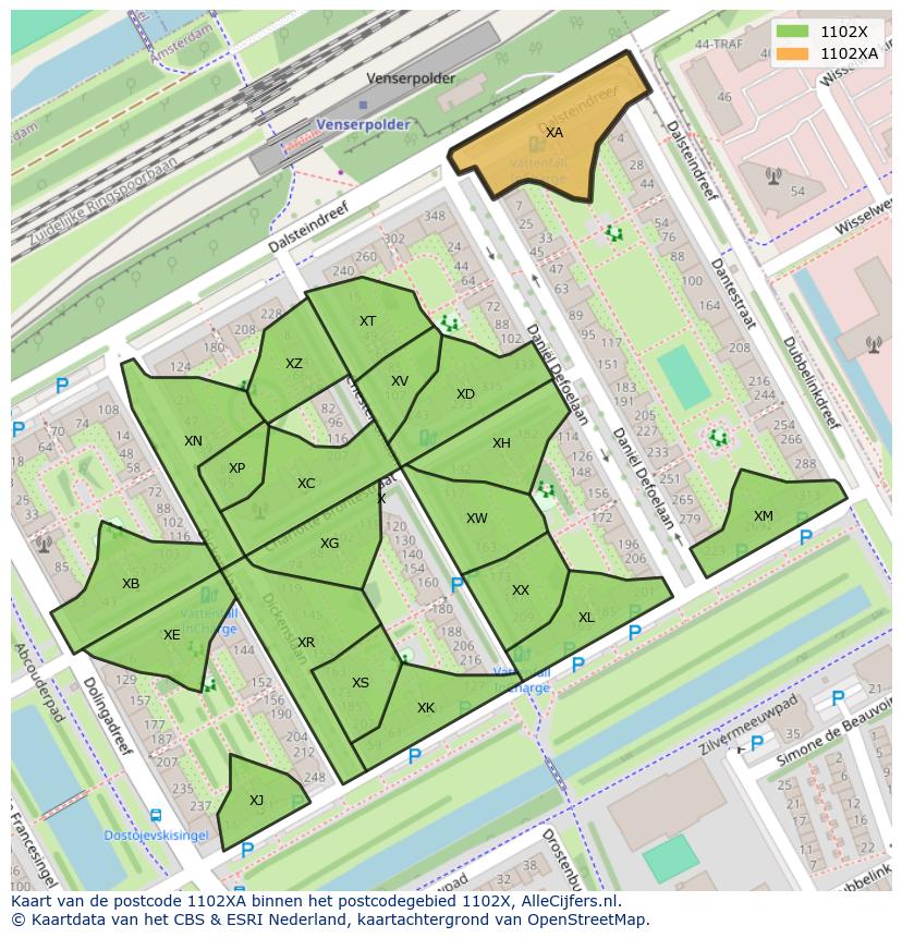 Afbeelding van het postcodegebied 1102 XA op de kaart.