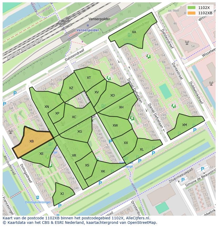 Afbeelding van het postcodegebied 1102 XB op de kaart.