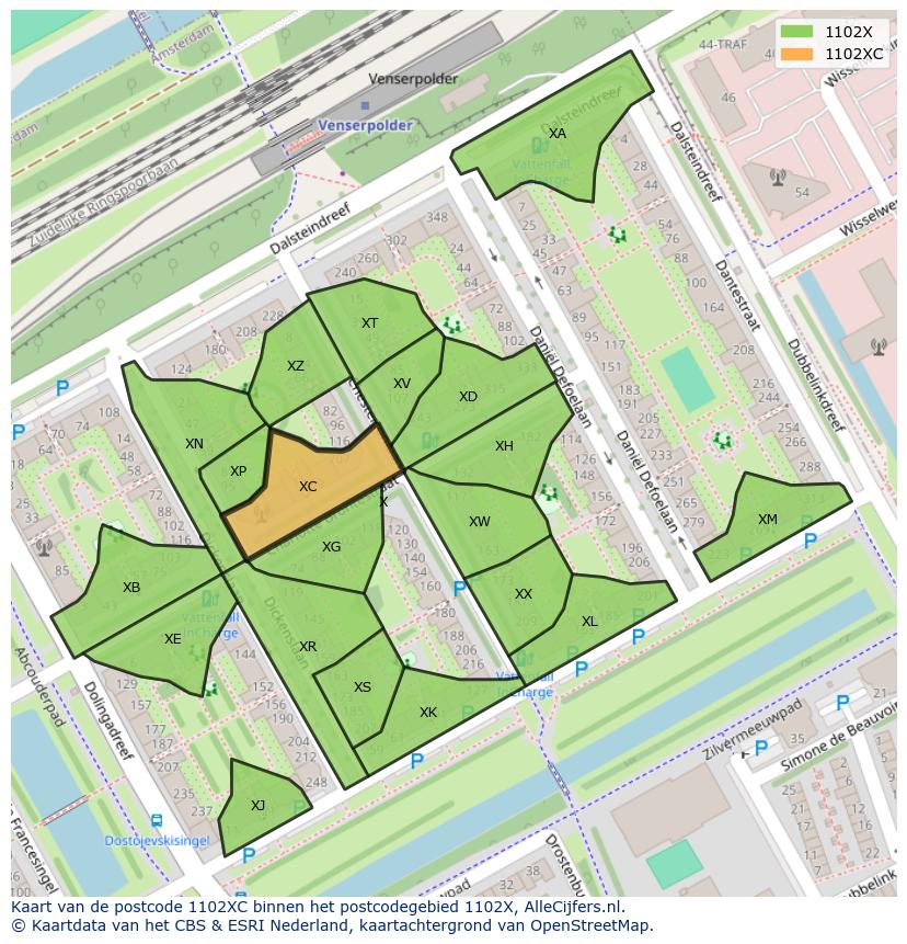 Afbeelding van het postcodegebied 1102 XC op de kaart.
