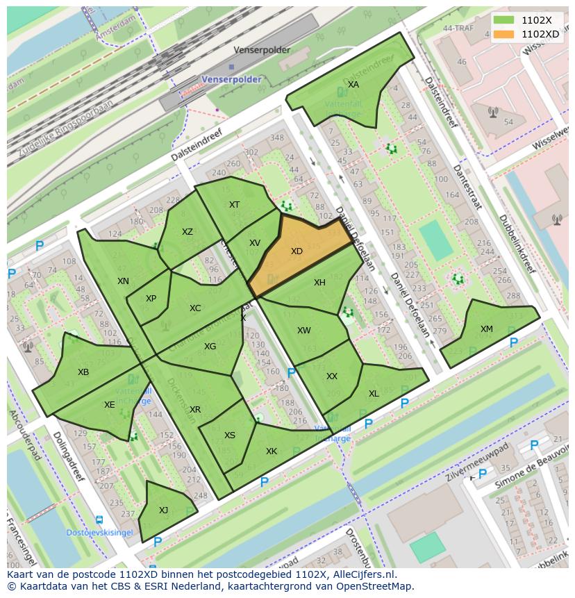 Afbeelding van het postcodegebied 1102 XD op de kaart.