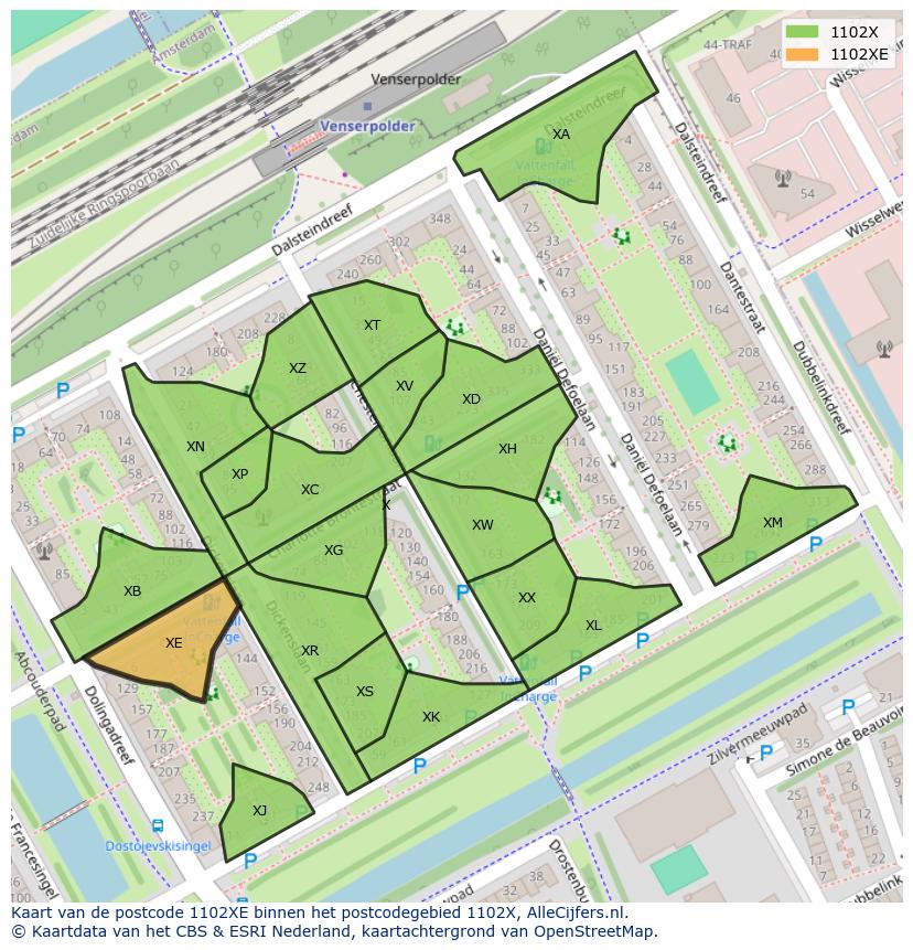 Afbeelding van het postcodegebied 1102 XE op de kaart.