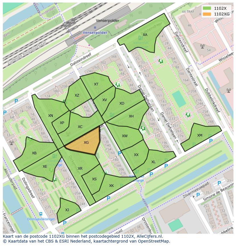 Afbeelding van het postcodegebied 1102 XG op de kaart.
