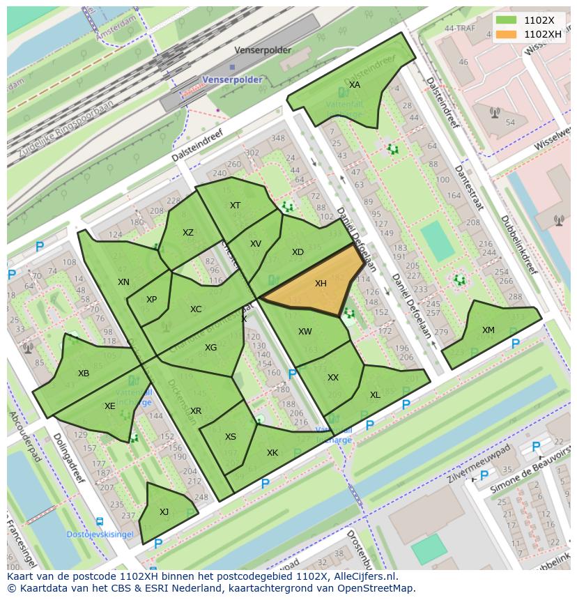Afbeelding van het postcodegebied 1102 XH op de kaart.