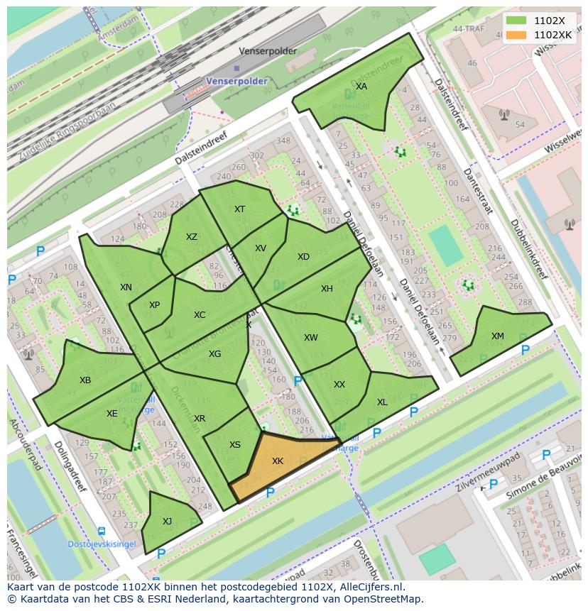 Afbeelding van het postcodegebied 1102 XK op de kaart.