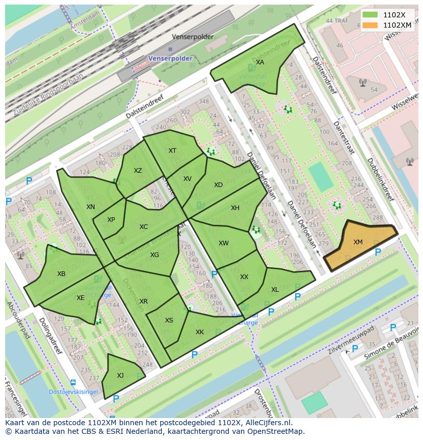 Afbeelding van het postcodegebied 1102 XM op de kaart.