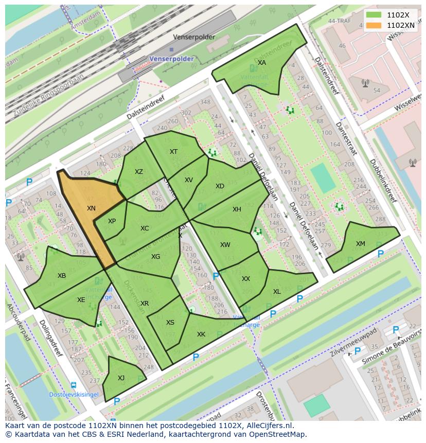 Afbeelding van het postcodegebied 1102 XN op de kaart.