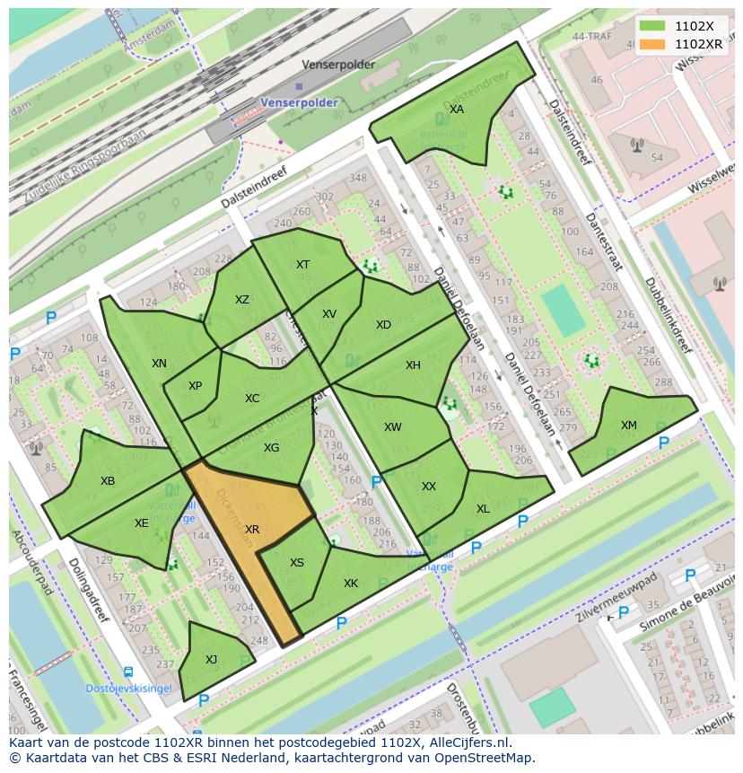 Afbeelding van het postcodegebied 1102 XR op de kaart.