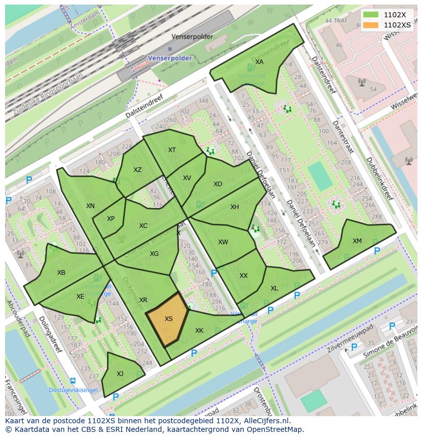 Afbeelding van het postcodegebied 1102 XS op de kaart.