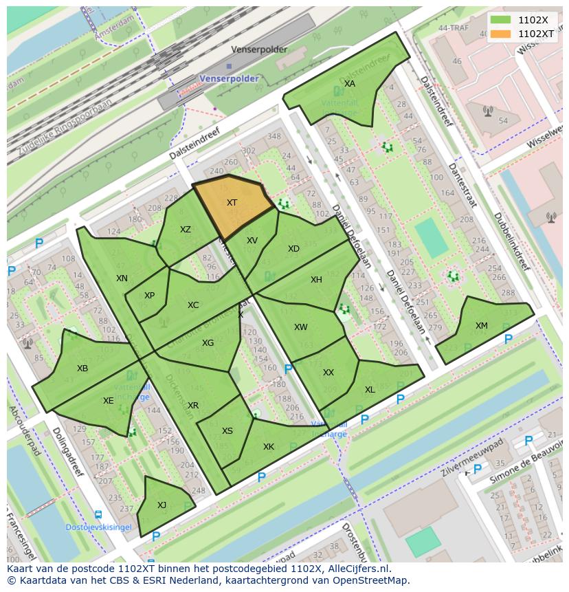Afbeelding van het postcodegebied 1102 XT op de kaart.