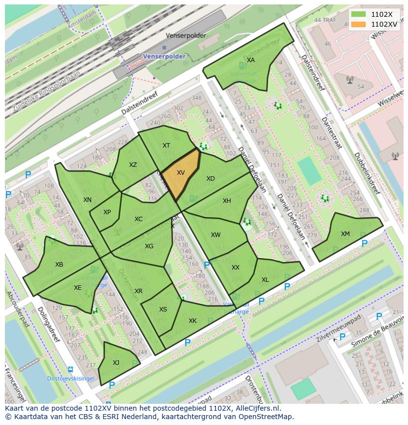 Afbeelding van het postcodegebied 1102 XV op de kaart.