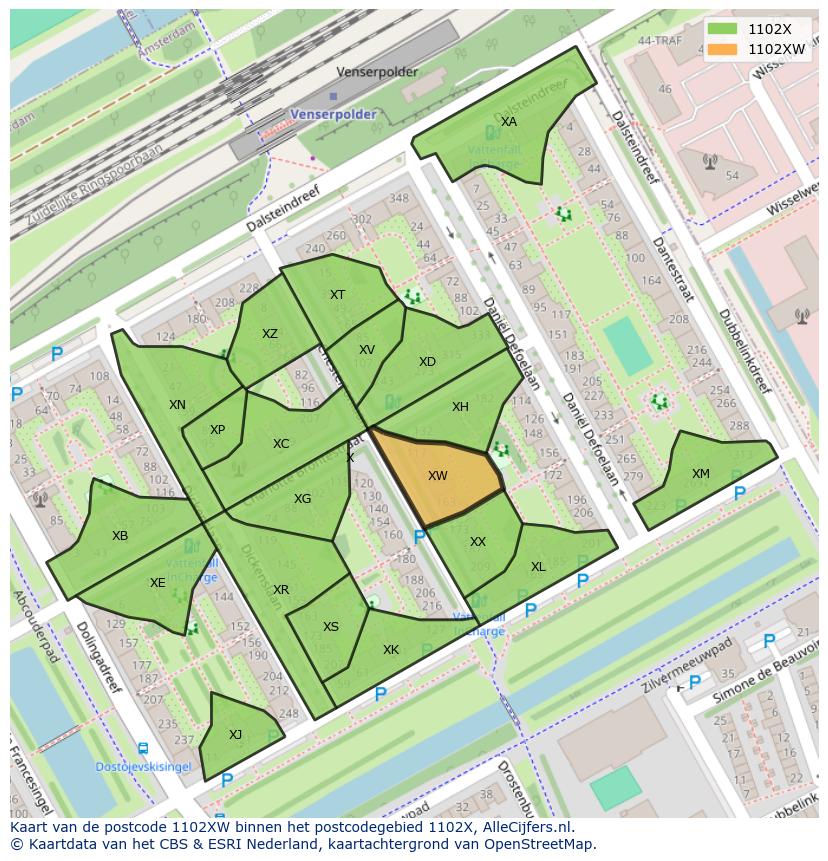Afbeelding van het postcodegebied 1102 XW op de kaart.