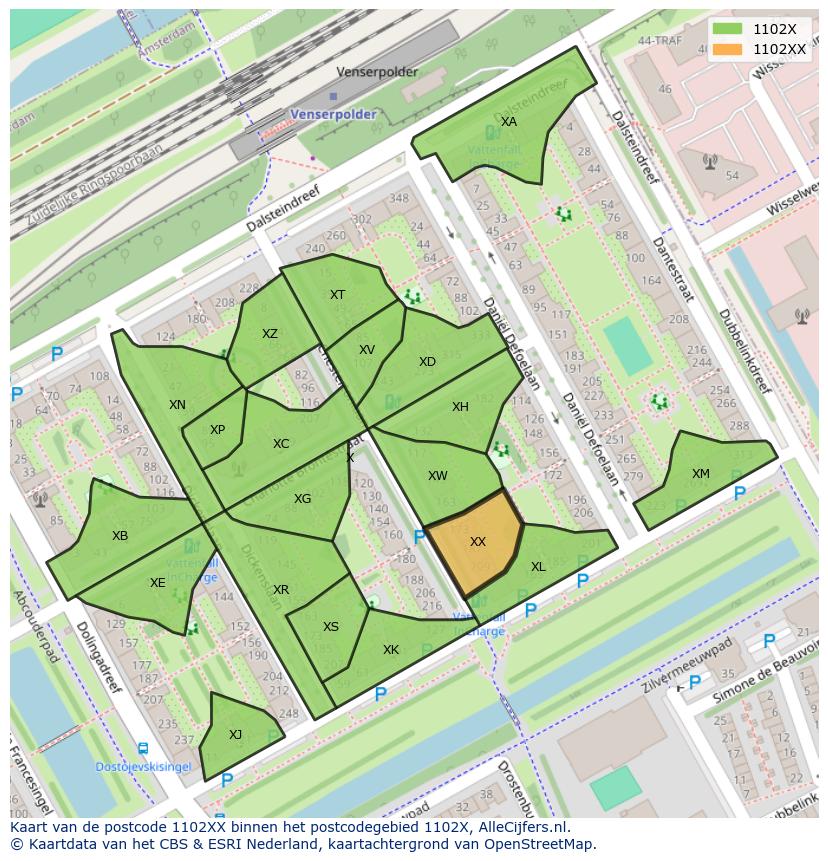Afbeelding van het postcodegebied 1102 XX op de kaart.
