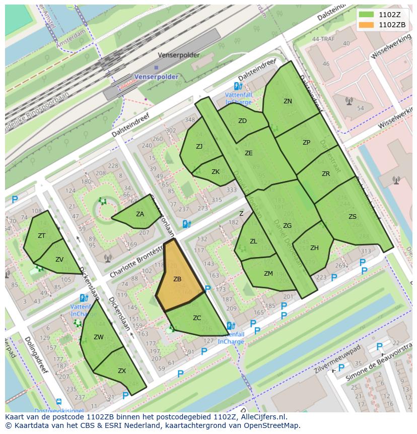 Afbeelding van het postcodegebied 1102 ZB op de kaart.