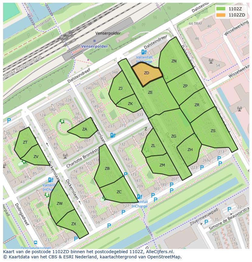 Afbeelding van het postcodegebied 1102 ZD op de kaart.
