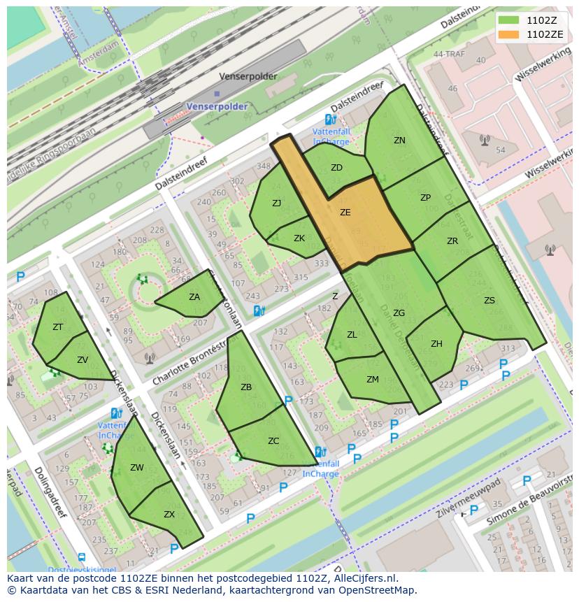 Afbeelding van het postcodegebied 1102 ZE op de kaart.