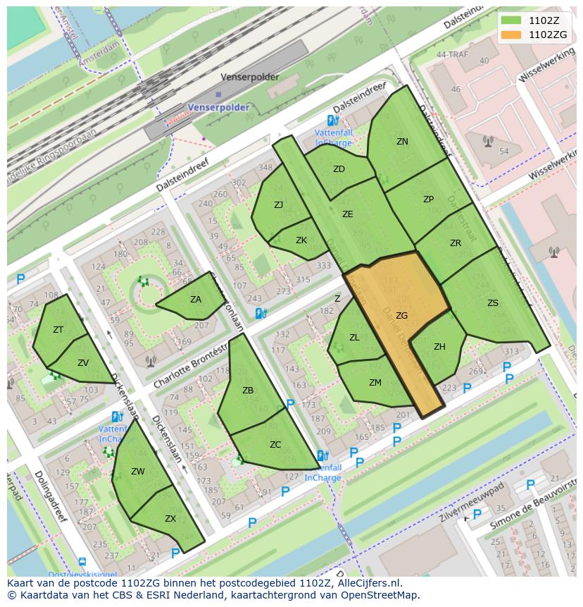 Afbeelding van het postcodegebied 1102 ZG op de kaart.