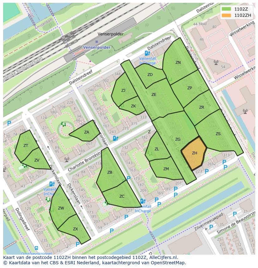 Afbeelding van het postcodegebied 1102 ZH op de kaart.