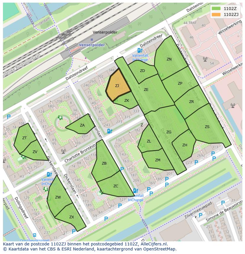 Afbeelding van het postcodegebied 1102 ZJ op de kaart.