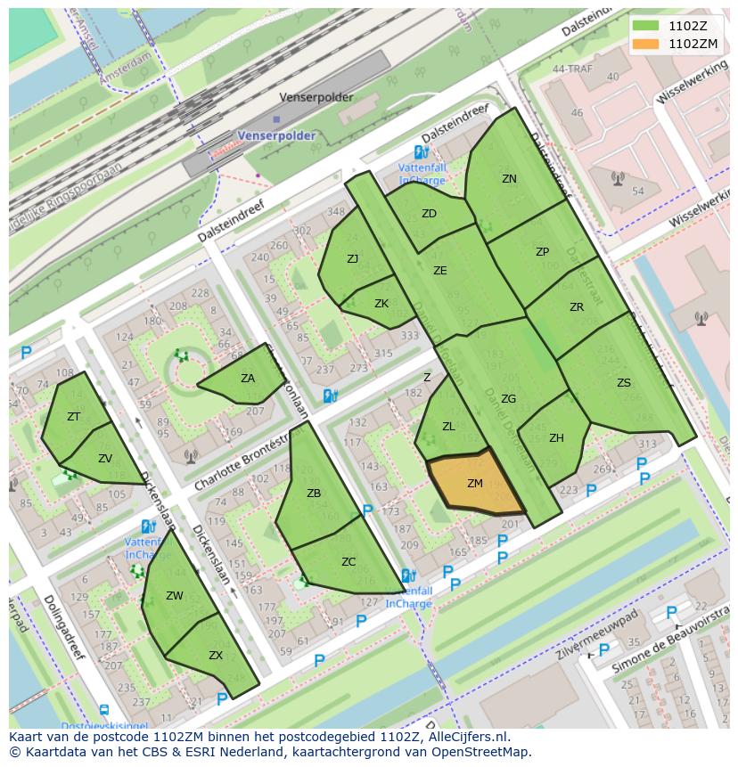 Afbeelding van het postcodegebied 1102 ZM op de kaart.